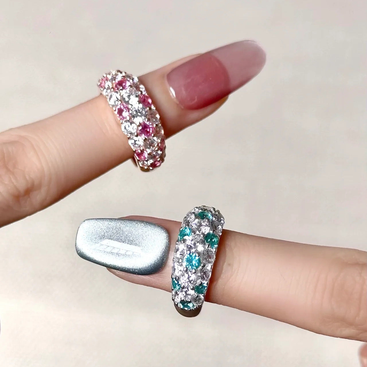 Full Diamond Dense Inlaid Pink Corundum Rings