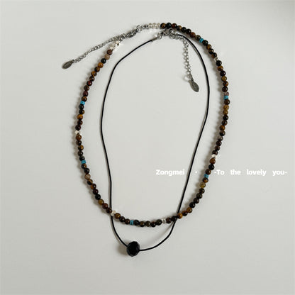 Women's Model Niche Double Black Tiger's Eye Titanium Necklaces