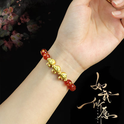 Red Agate Beaded Couple Female Black Bracelets