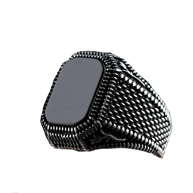 Men's Vintage Natural Black Square Agate Texture Rings