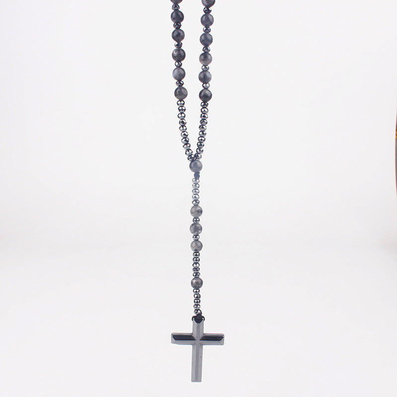 Religious Cross Black Flash Matte Haematite Long Necklaces