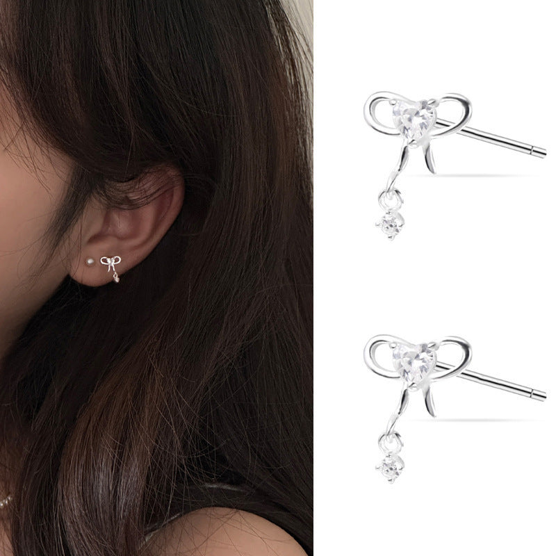 Women's Korean Style Zircon Butterfly Pearl Sier Needle Light Luxury Earrings