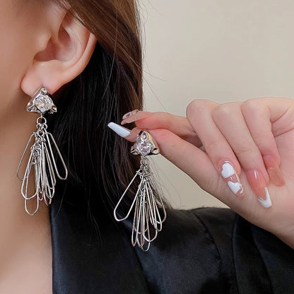 Temperament Sier Series Long Fringe Fashionable Classy Ear Earrings