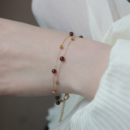 Women's French Style Temperament Golden Balls Chain Artificial Garnet Bracelets