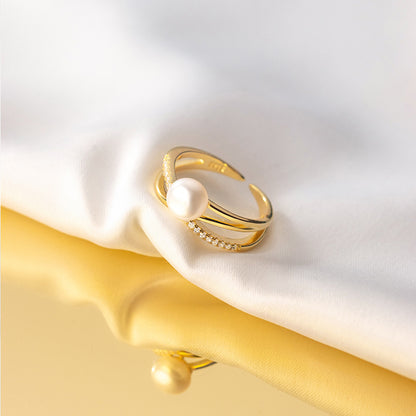 Women's Lodge Sier Hollow Line Pearl Sweet Opening Rings