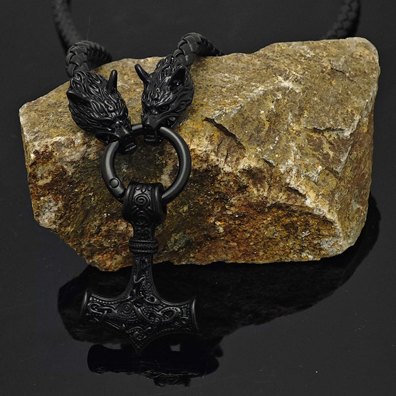 Men's Leather Woven Hammer Celtic Wolf Head Pendants