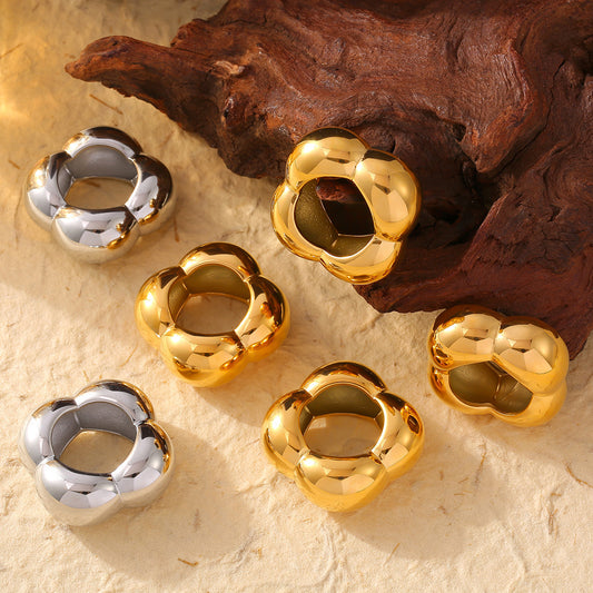 Women's Fashion Flower Glossy Geometric Real Gold Stainless Steel Rings