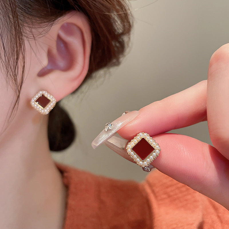 Gold Electroplated Sier Needle Red Dripping Earrings