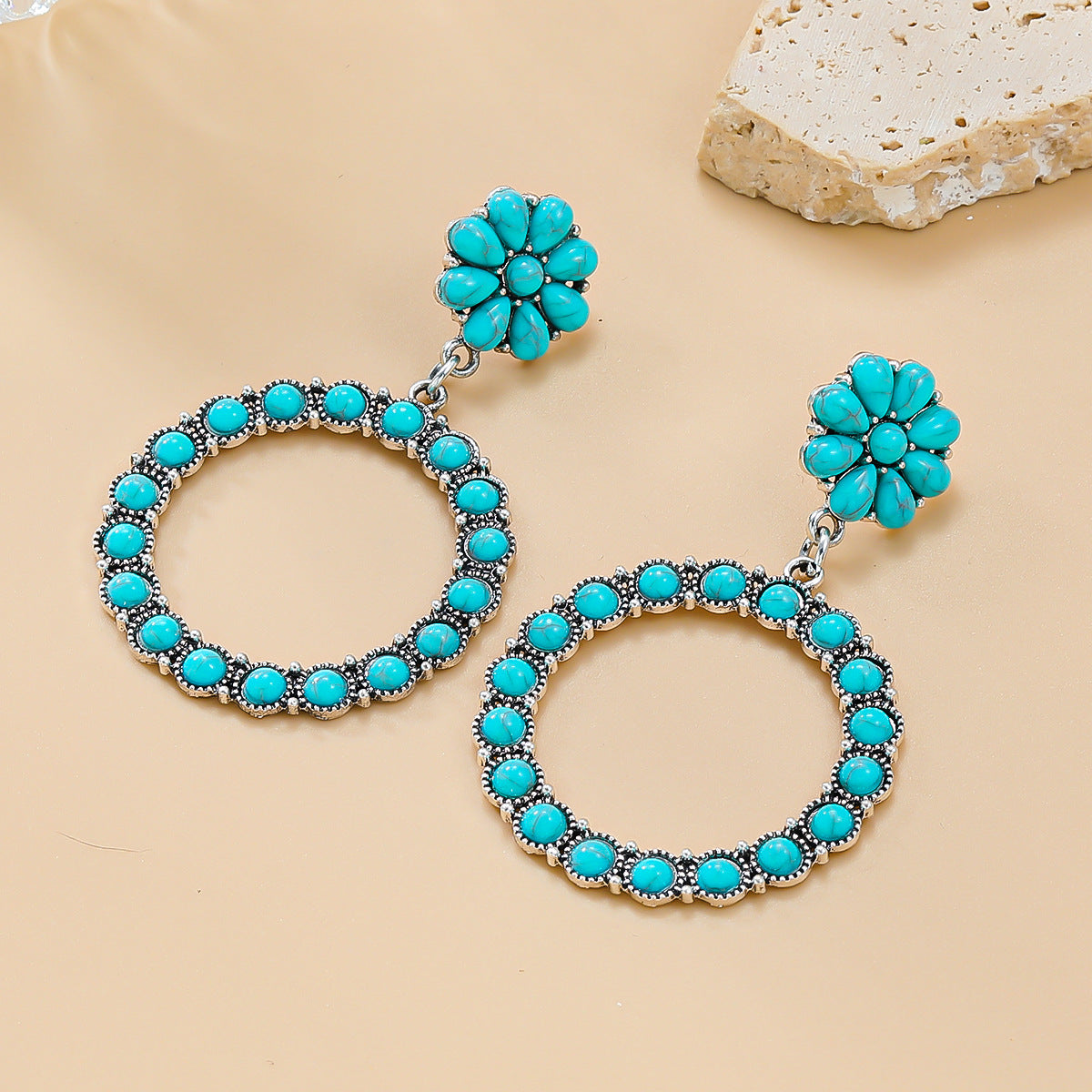 Female Alloy Imitation Turquoise Round Bohemian Earrings