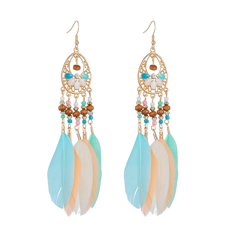 Ethnic Style Long Feather Temperamental Tassels Personality Earrings