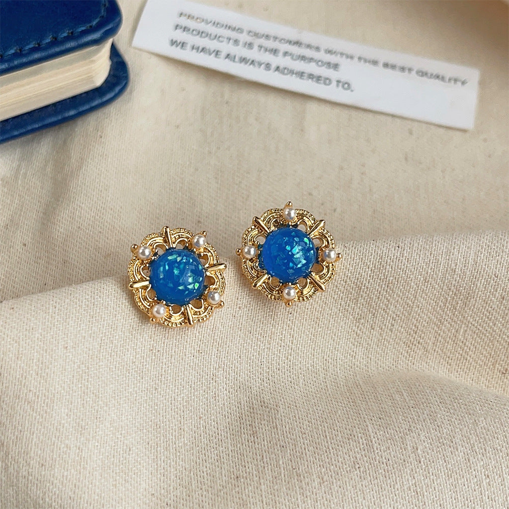 High-grade Sense Blue Color Enamel Design Blooming Earrings