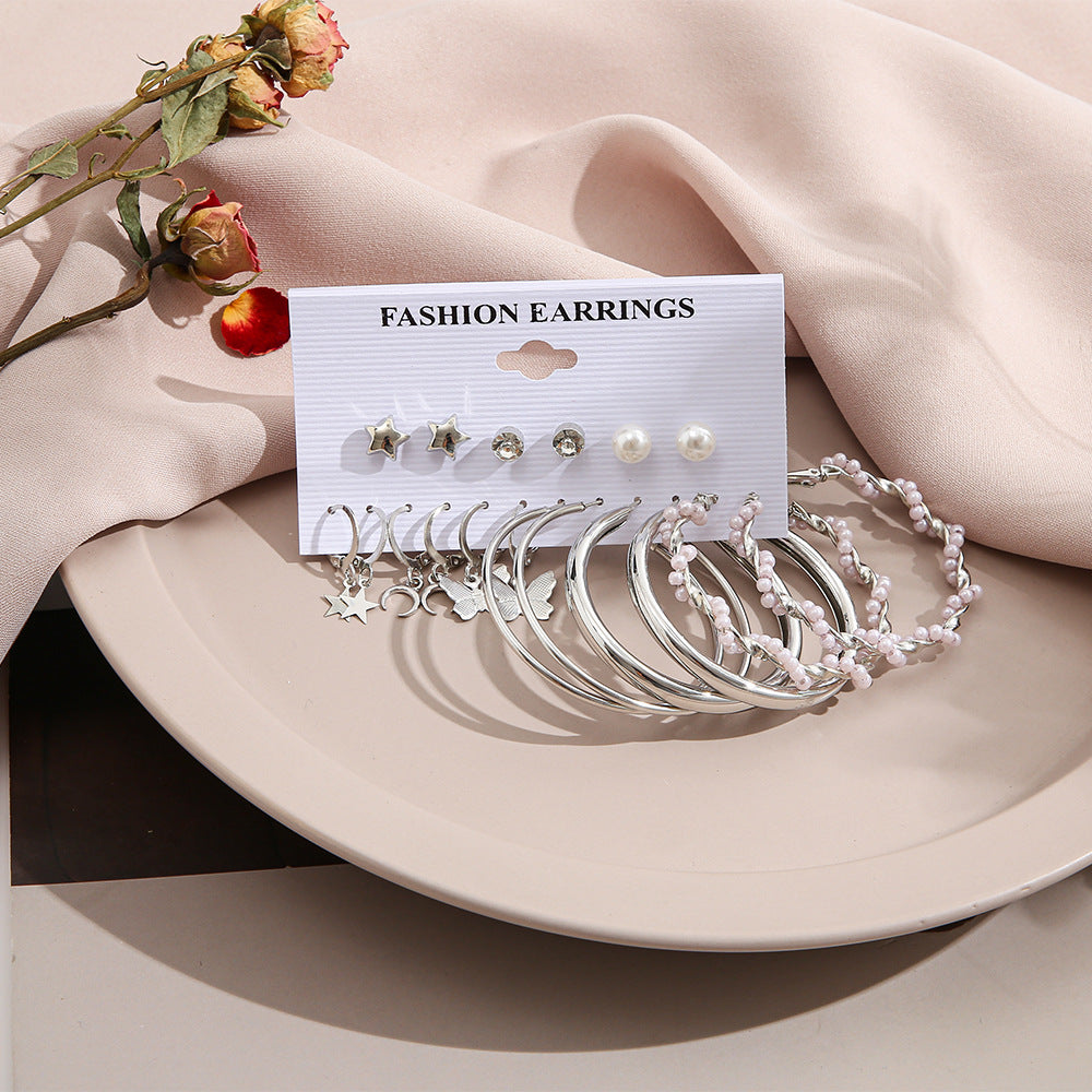 Pearl Creative Simple Five-pointed Star Moon Earrings