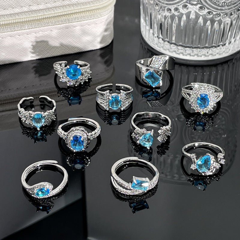 Aquamarine Zircon Light Luxury Graceful Personality Open Rings