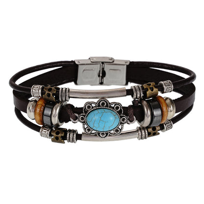 Men's Turquoise Stainless Steel Leather Hand-woven Cowhide Bracelets