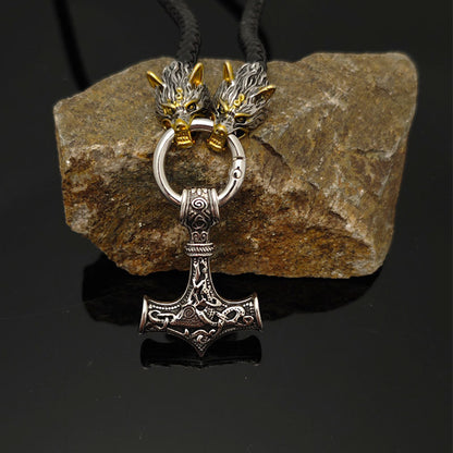 Men's Leather Woven Hammer Celtic Wolf Head Pendants