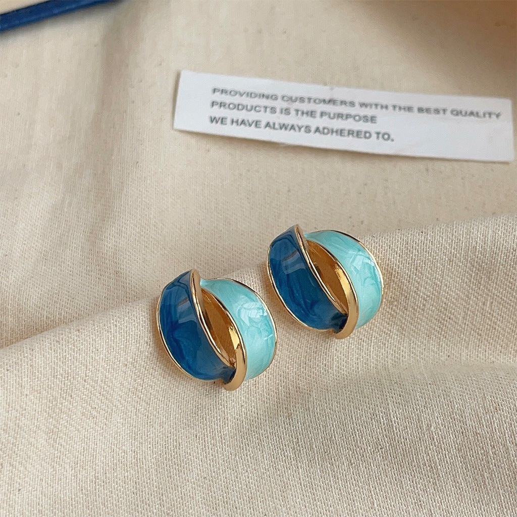 High-grade Sense Blue Color Enamel Design Blooming Earrings