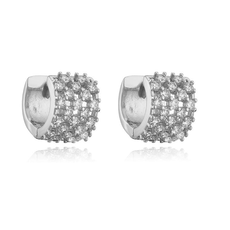Row Square Full Diamond Ear Clip Gold Personality Earrings