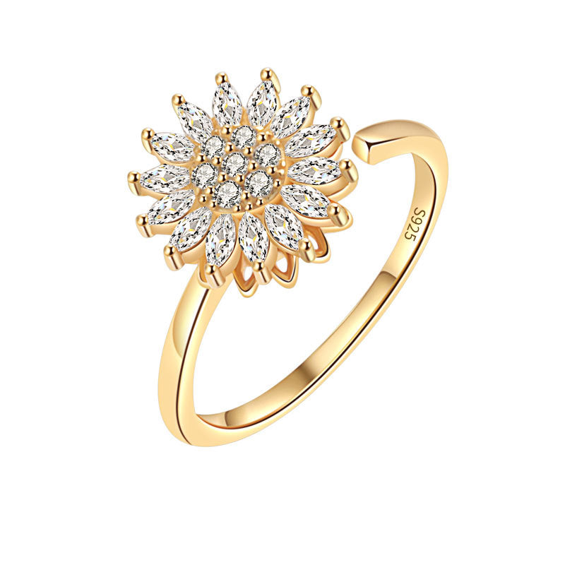 Sier Rotating Sunflower Female Full Diamond Rings