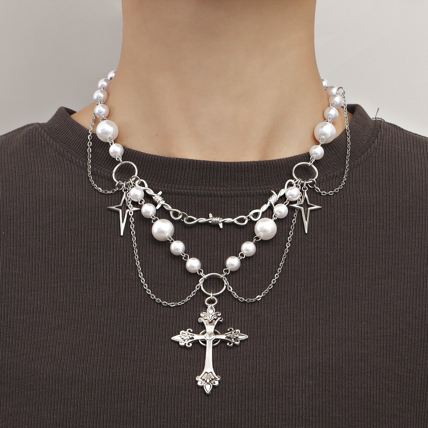 Women's Ornament Design Bright Pearl Tassel Cross Necklaces