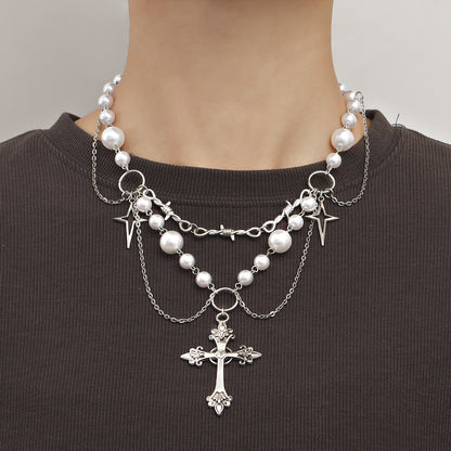 Women's Ornament Design Bright Pearl Tassel Cross Necklaces