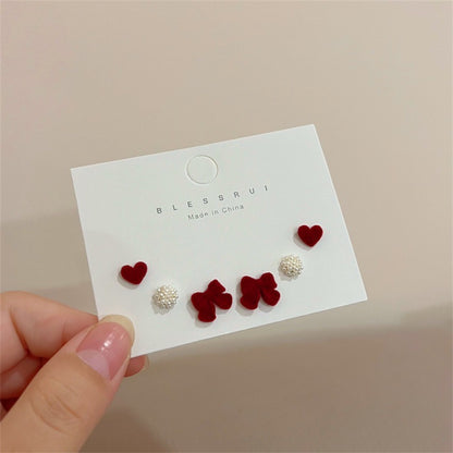 Red Flocking Bow Love Heart Suit Earrings