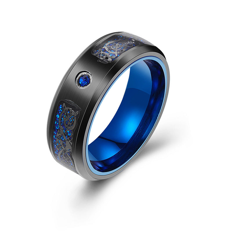 Men's Blue Carbon Fiber Diamond Dragon Titanium Rings