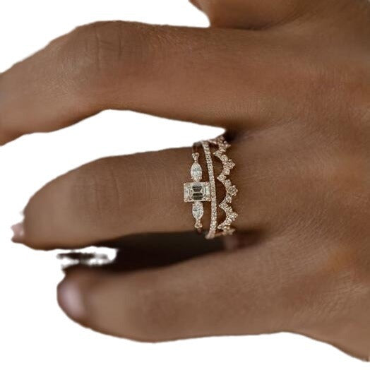Women's Fashion Three-piece Set Jewelry Crown Square Geometric Rings