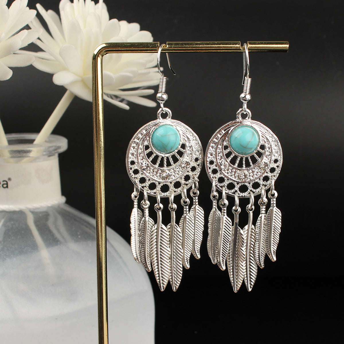 Tassel Turquoise Retro Imitation Miao Sier Minority National Style Earrings