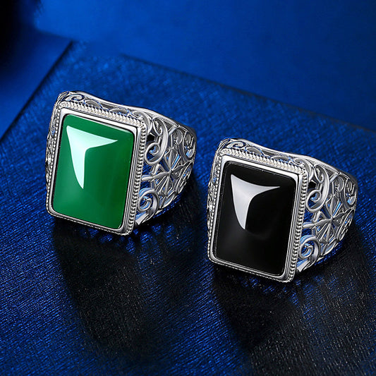 Men's Plated Black Agate Opening Domineering Personalized Rings
