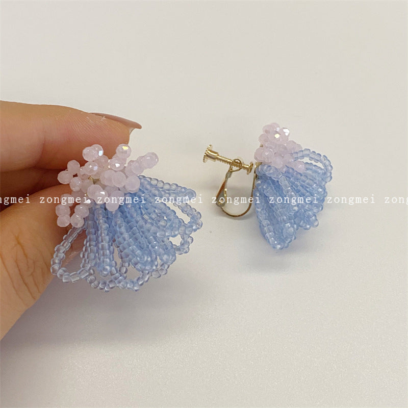 Contrast Color Beaded Ear Clip Flower Earrings