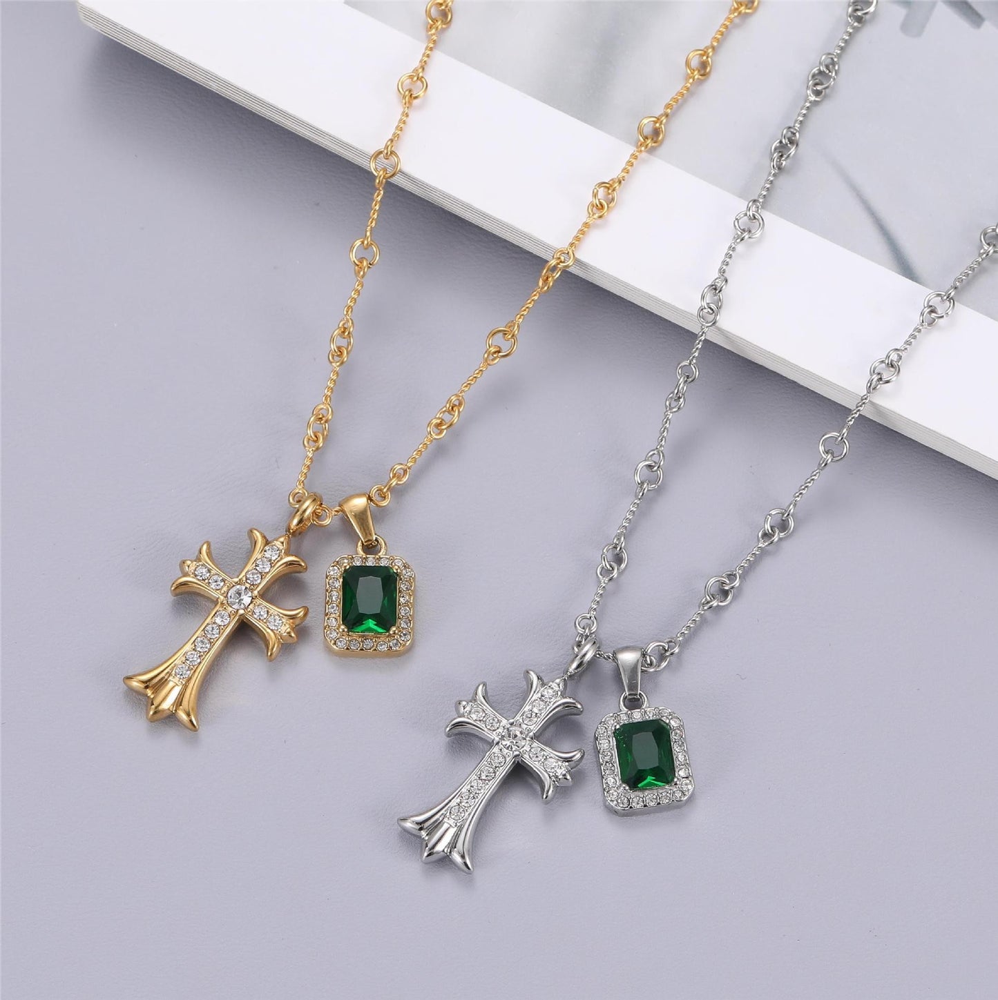 Women's & Men's Cross Gem Titanium Steel High-grade Sweater Necklaces