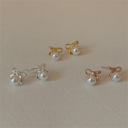 Korean Style Sterling Sier Bow Pearl Earrings