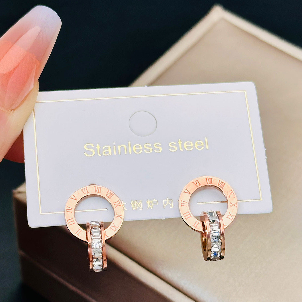 Diamond Creative Rose Gold Titanium Steel Female Double Earrings