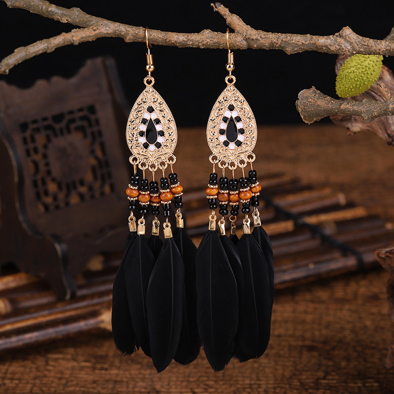 Long Feather Ethnic Style Tassel Yunnan Earrings