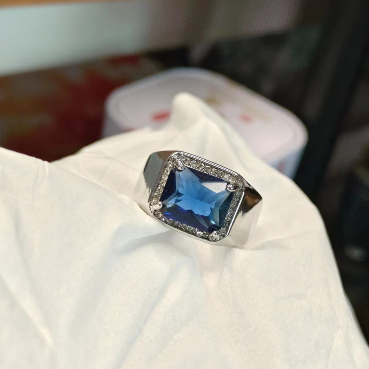 Domineering Square Sapphire Blue Corundum Diamond Full Open Rings
