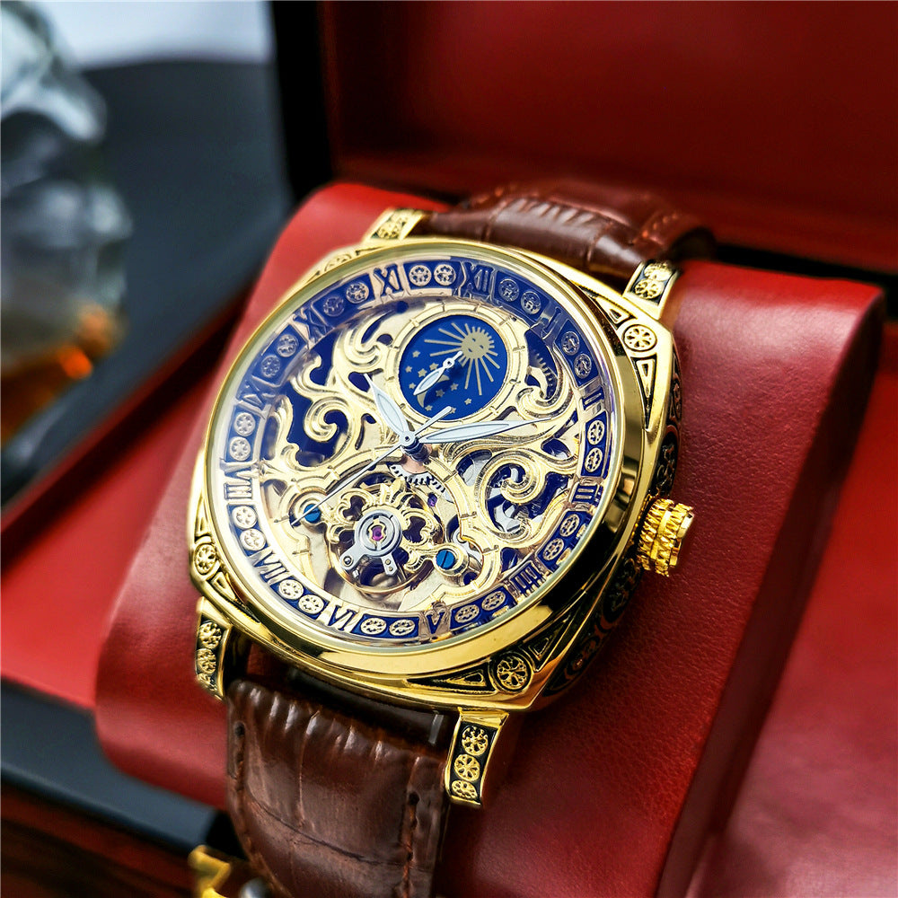 Men's Automatic Watch Transparent Luminous Moon Phase Mechanical Watches