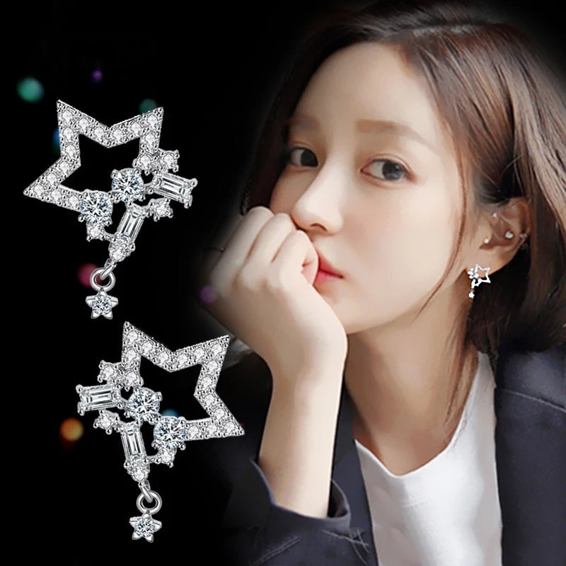 Sier Needle Shaped Five-pointed Star Long Tassel Face Small Earrings