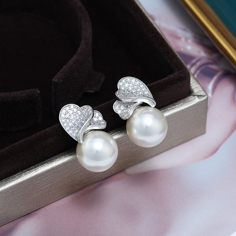 Double Heart Zircon Pearl Light Luxury Earrings