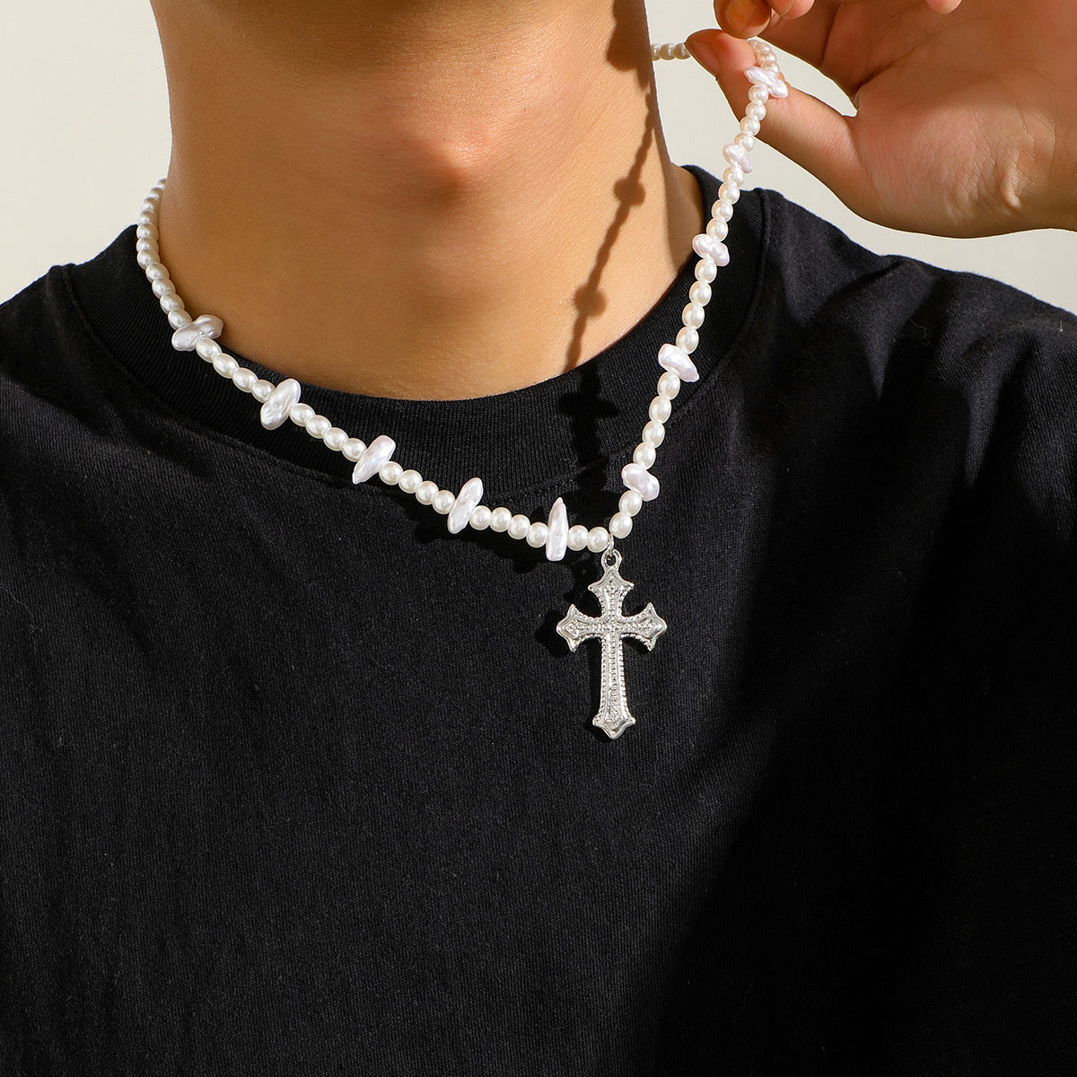 Men's Pearl Cross Hip Hop Niche Design Necklaces