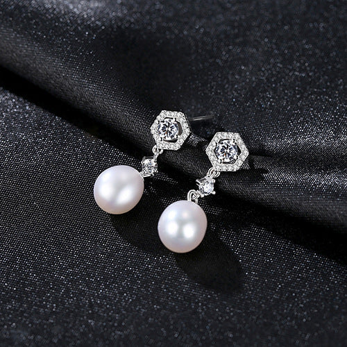 Sier Female Freshwater Pearl Inlaid Zircon Earrings