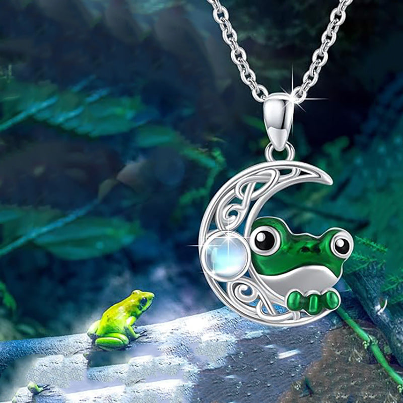 Fashion Little Frog Hollow Moon Bend Gem Dripping Necklaces