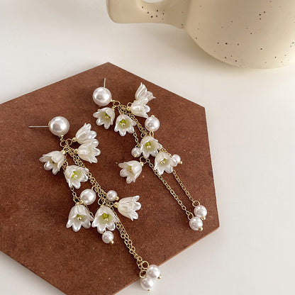 Style Imitation Pearl Lily Long Fringe Gentle Earrings