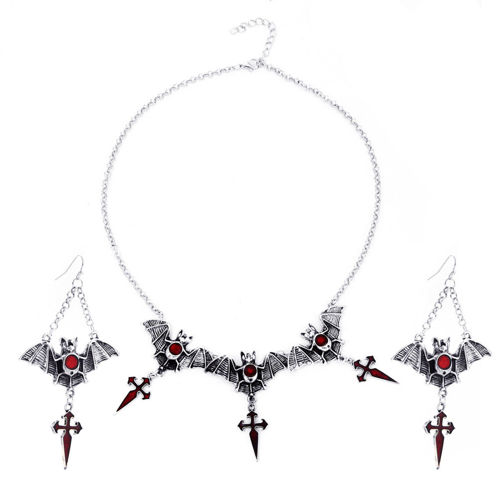 Goth Wind Exaggerated Red Water Drop Bat Cross Pendants