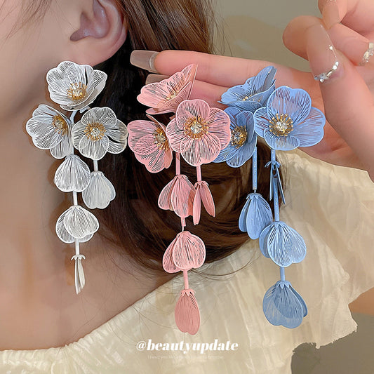 Flower Petal Fringed Fresh Sweet Exaggerated Temperamental Fashion Earrings