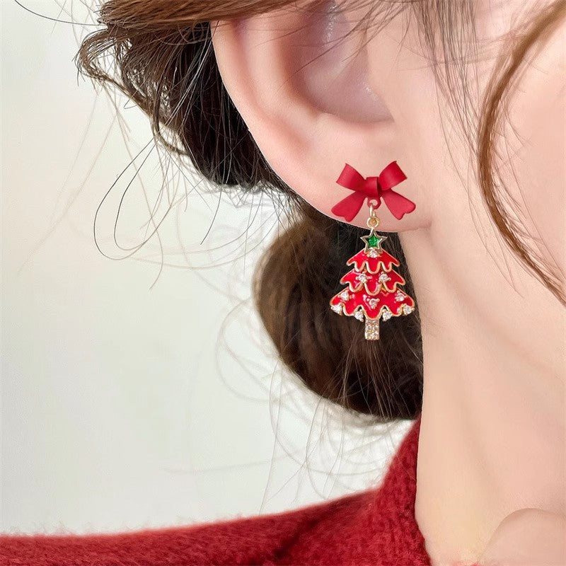 Christmas Female Red Bow Colorful Tree Earrings