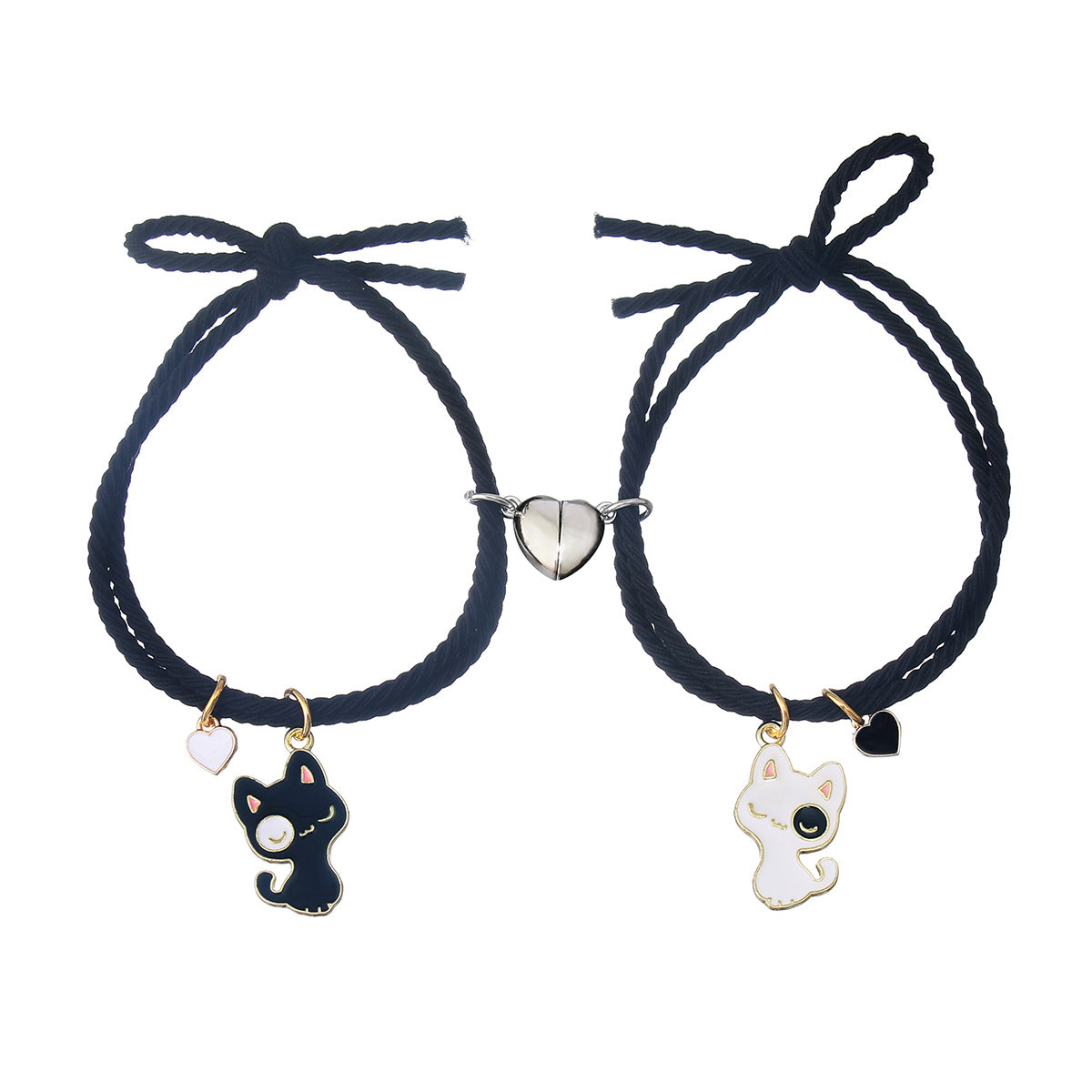 Women's & Men's Black White Cat Love Magnet Couple Bracelets