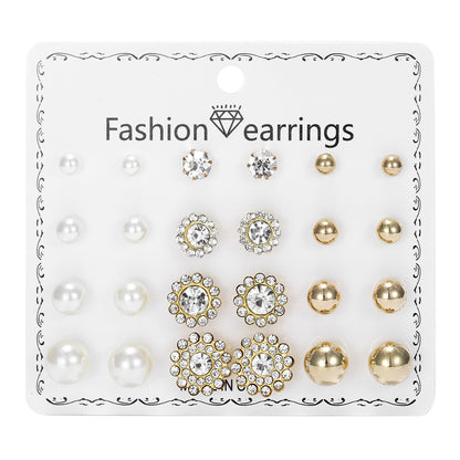 Month Earings Set Rhinestone Geometric Pearl Earrings