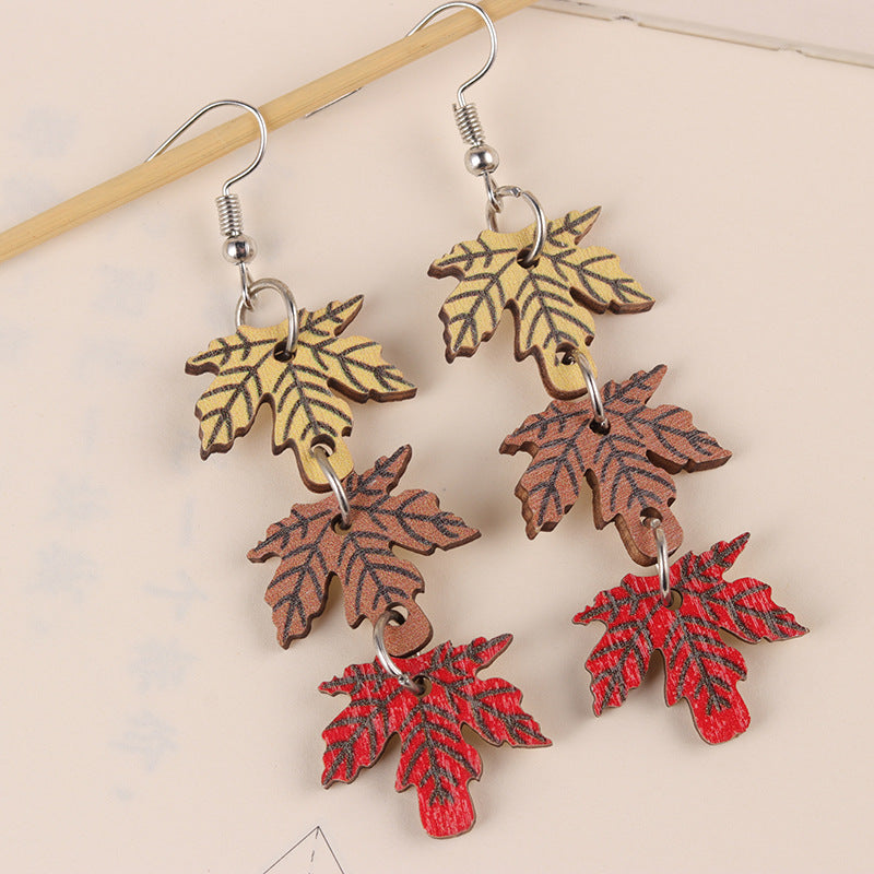 Halloween Three-piece Pumpkin Maple Leaf Wooden Earrings