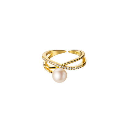 Women's Lodge Sier Hollow Line Pearl Sweet Opening Rings