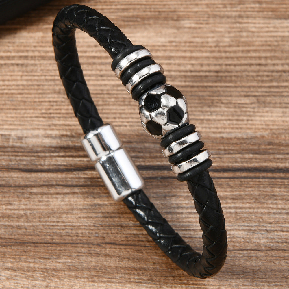 Men's Dumbbell Black Leather Woven Football Personalized Bracelets